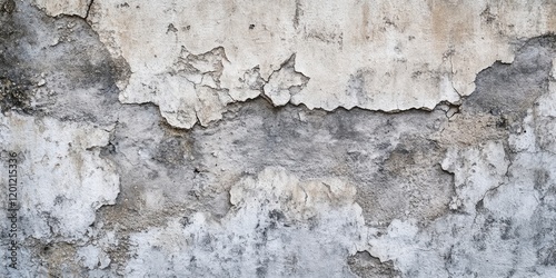 Aged gray concrete wall with intricate peeling texture, soft blurred background emphasizing urban decay, cool tones in natural light.
