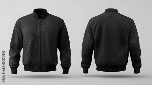 Minimalistic black bomber jacket isolated on white background, front and back views for branding or apparel design. Generative AI photo