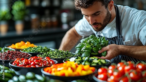 Chef Inspecting Fresh Herbs and Vegetables for Salad