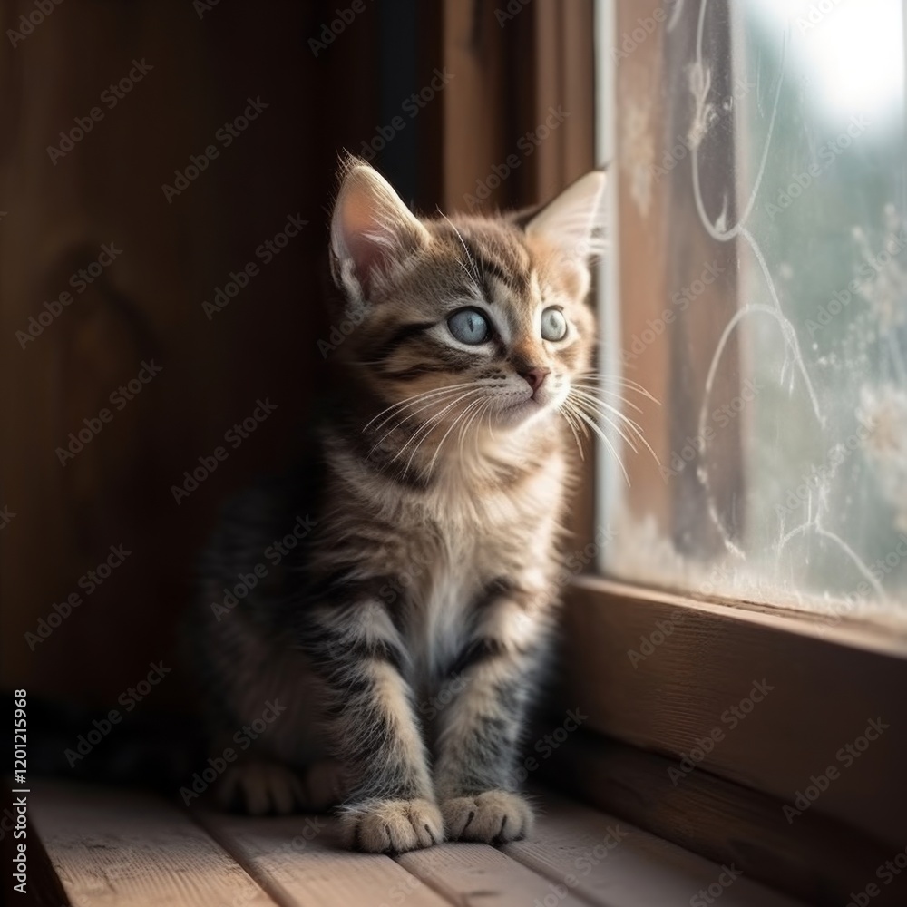 Brown Striped Kitten Sits On Wooden Window Sill Gazing Through Glass Pane On Cloudy Day Brown Striped Kitten Sits On Wooden Window Sill Gazing Through Glass Pane On Cloudy Day