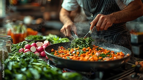 Chef Cooking Delicious SautÃ©ed Vegetables in Pan