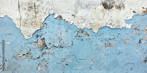 Peeling blue and white textured wall with grunge effects featuring cracks and flakes in a vintage style, predominately blue at the bottom photo