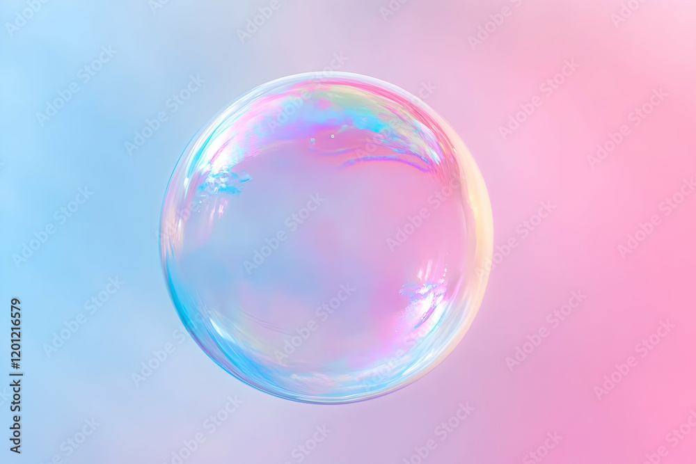 Iridescent Soap Bubble Floating Against A Soft Pastel Background Of Pink And Blue Hues, Creating A Delicate Abstract Scene. Generative AI Iridescent Soap Bubble Floating Against A Soft Pastel Background Of Pink And Blue Hues, Creating A Delicate Abstract Scene. Generative AI