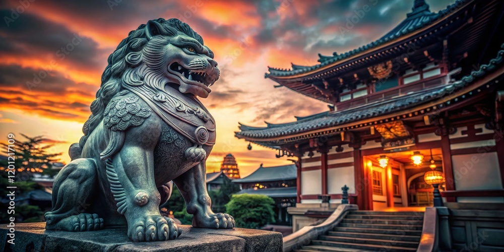 Fototapeta premium Low Light Japanese Temple Lion Gate Sculpture Stock Photo