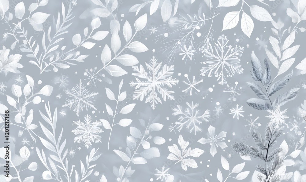 Winter-themed floral and snowflake pattern featuring delicate leaves and intricate snowflakes on a soft gray background Winter-themed floral and snowflake pattern featuring delicate leaves and intricate snowflakes on a soft gray background