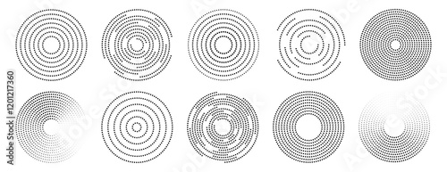 Set of dots circle radar, sound wave vector icons. Halftone, dotted, ripple circle graphic design elementsabstract, background, banner, black, border, business, circle, circular, design, digital, dot, photo