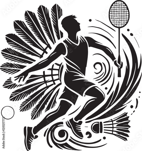 Black Color Badminton Silhouette Vector Illustration, Solid White Background