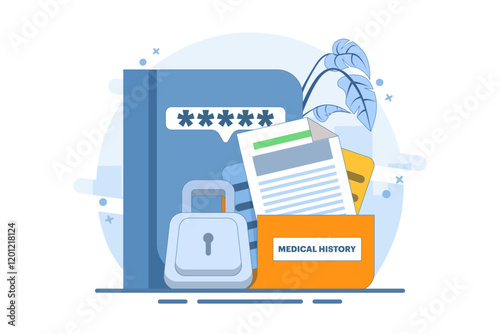 Patient medical records, information protection and privacy. Health care data and medical records. Health care protect patient medical records on clipboard. Flat vector illustration on background.