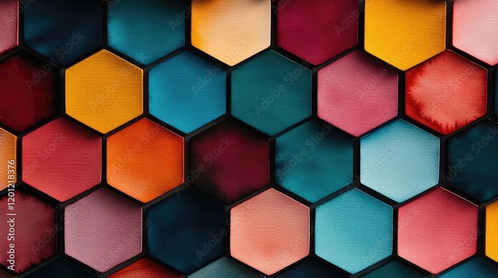Hexagonal watercolor concept. A vibrant hexagonal pattern showcasing a mix of colorful tiles for creative projects. Hexagonal watercolor concept. A vibrant hexagonal pattern showcasing a mix of colorful tiles for creative projects.