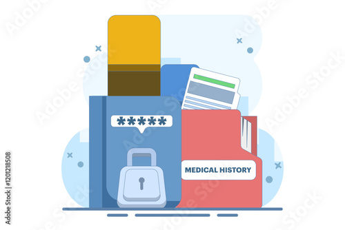 Patient medical records, information protection and privacy. Health care data and medical records. Health care protect patient medical records on clipboard. Flat vector illustration on background.