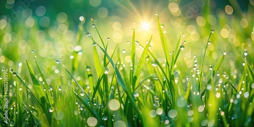 Fresh green grass with morning dew in nature softly sparkles in the rays of the early spring sun.