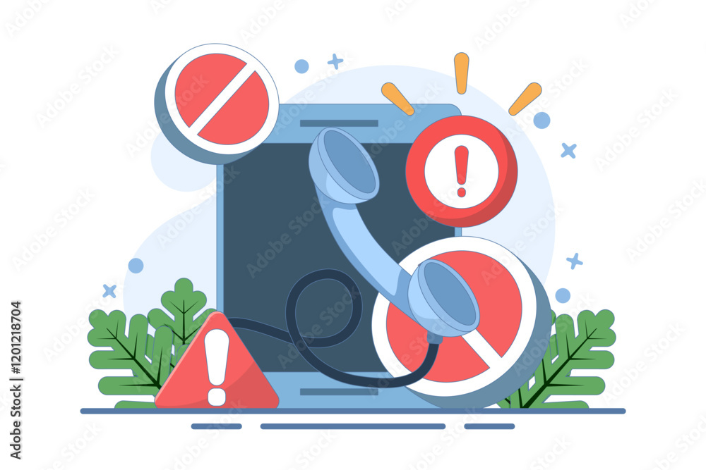 Obraz premium Phone concept with exclamation mark. warning notification. suspicious call, danger and fraud. danger of fraud by phone. symbol or icon. flat illustration with minimalist style design.