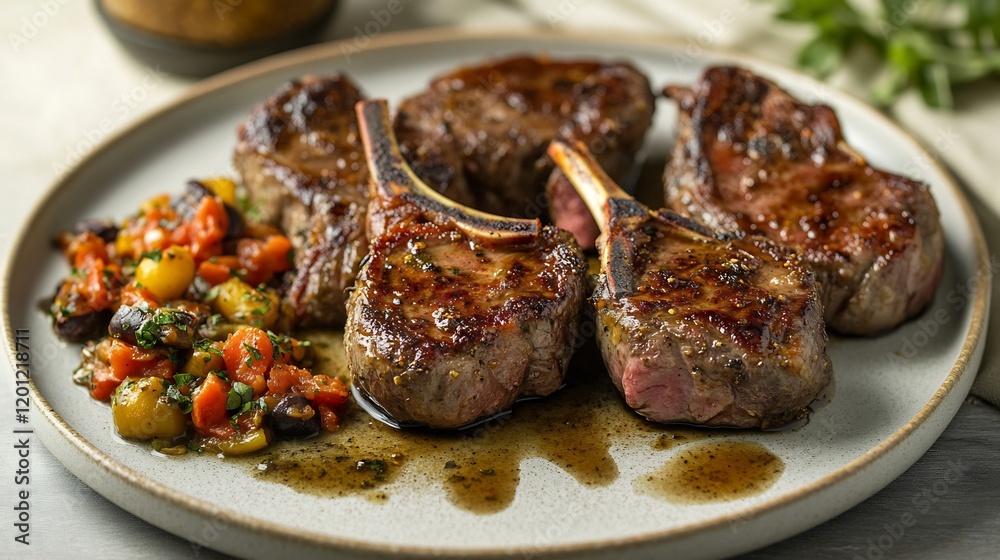 Plate of roasted lamb chops served ratatouille drizzle of jus Plate of roasted lamb chops served ratatouille drizzle of jus
