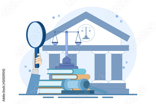 Law and Justice Concept. Scales of justice, supreme court building and judge's gavel. Supreme Court. Criminal trial advocate, lawyer consulting with client. Flat vector illustration on background.