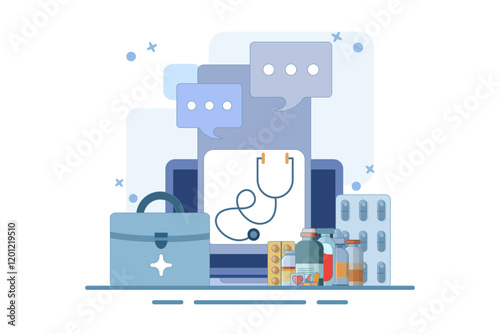 Online health telemedicine concept. Online medical consultation and healthcare services via mobile application of internet clinic connected to computer. Online doctor consultation. Vector illustration