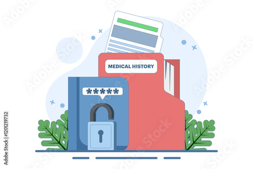 Patient medical records, information protection and privacy. Health care data and medical records. Health care protect patient medical records on clipboard. Flat vector illustration on background.