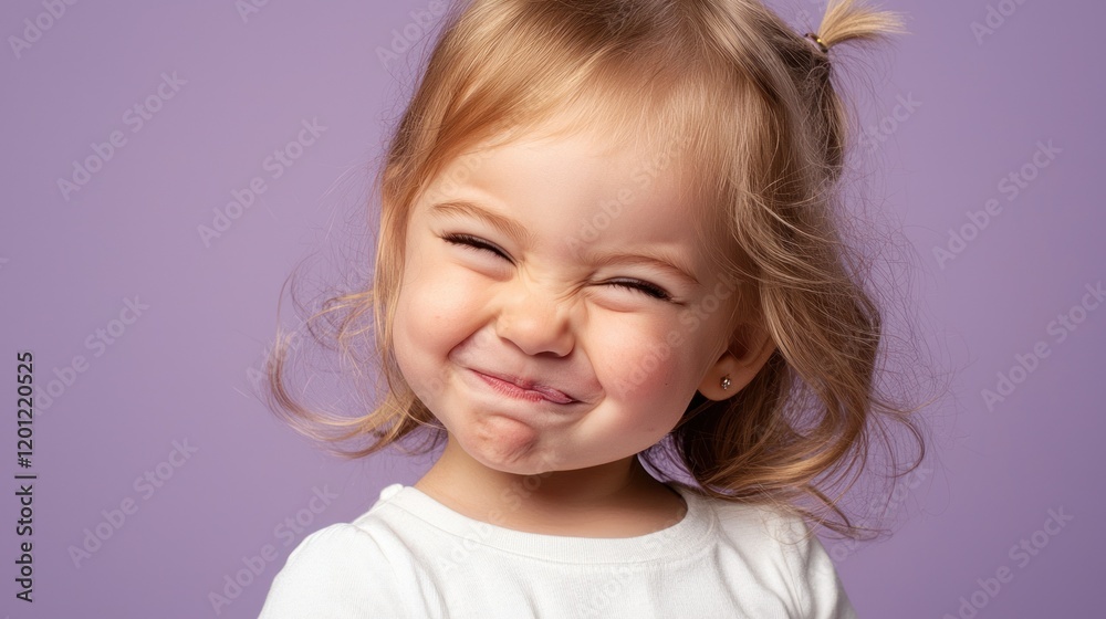 Smiling toddler with scrunched face on purple background Smiling toddler with scrunched face on purple background