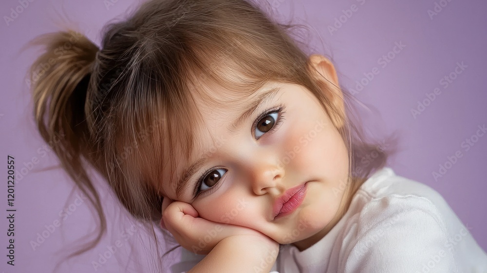 Contemplative girl resting head on hand, purple hue Contemplative girl resting head on hand, purple hue