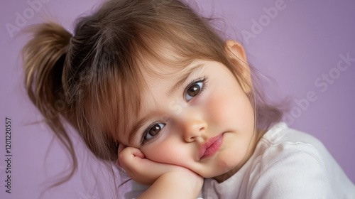 Contemplative girl resting head on hand, purple hue photo