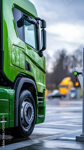 Green truck parked at charging station, showcasing modern electric vehicle technology and infrastructure for sustainable transportation