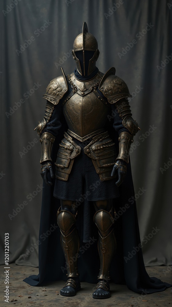 Medieval knight wearing full body armor stands guard