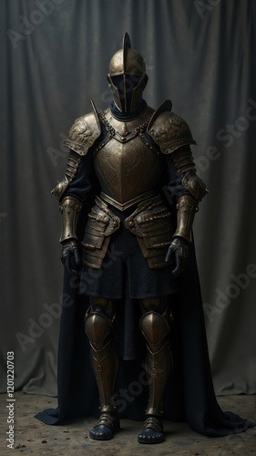 Medieval knight wearing full body armor stands guard