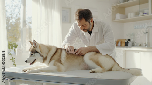 Veterinarian checks Siberian husky in bright clinic photo