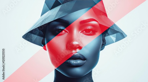 Polygon watercolor concept. A modern abstract portrait of a woman with a stylish hat and vibrant colors.