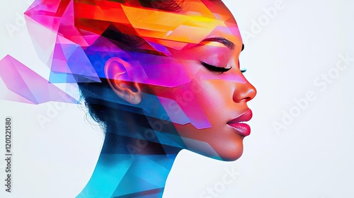 Polygon watercolor concept. A colorful abstract portrait showcasing a woman's profile with vibrant shapes.