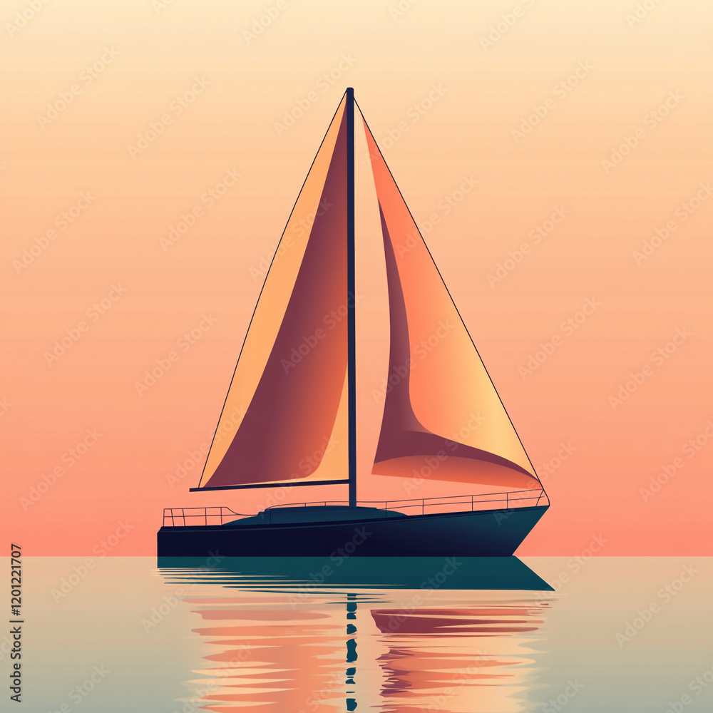 Fototapeta premium A stylized sailboat with colorful sails and waves logo, using gradient shades of orange, yellow, and teal, set against a light background.