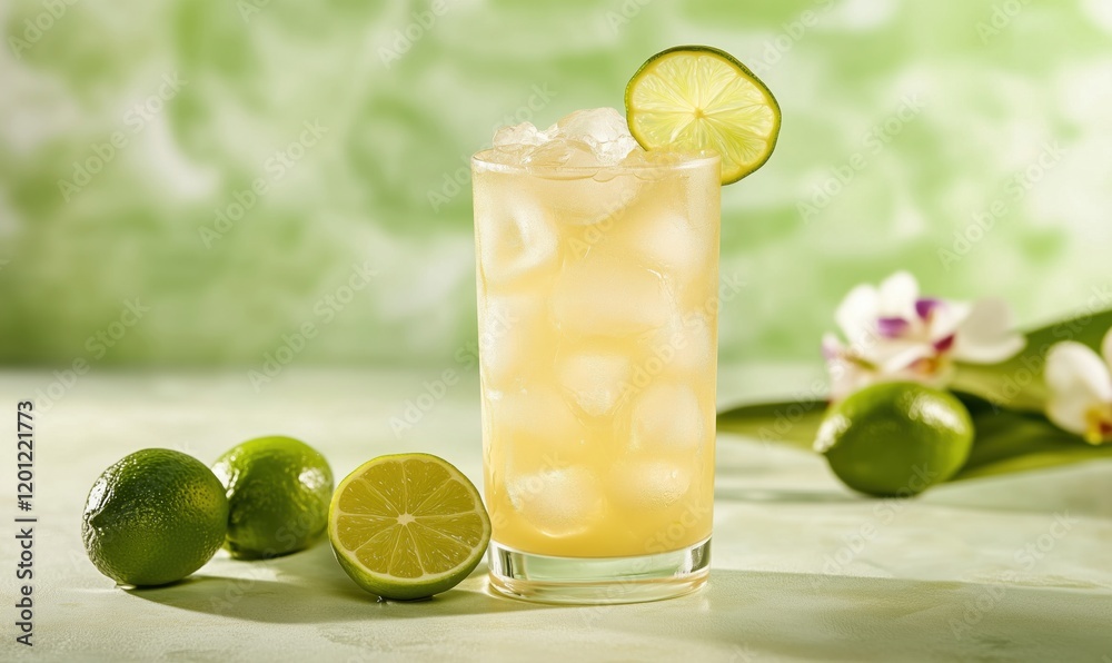 Refreshing lime cocktail with ice, garnished with lime slice, surrounded by fresh limes and tropical background Refreshing lime cocktail with ice, garnished with lime slice, surrounded by fresh limes and tropical background