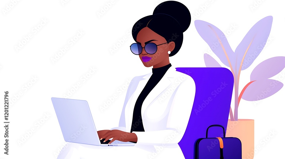 Confident Black Woman Working on Laptop in Modern Office Setting