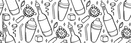 Bartender cocktail equipment seamless pattern. Background for bar, menu, web, logo. Stirring spoon jigger, shaker, Hawthorne strainer doodle illustration. Sketch style vector outline illustration.