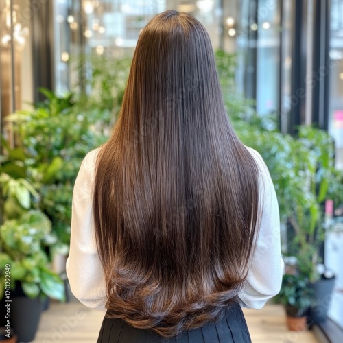 Sleek long straight hair in modern urban setting.
