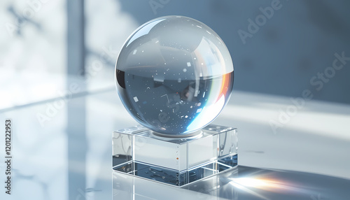 Crystal globe on clear cubic base with rainbow light reflections