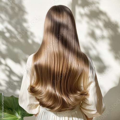 Silky smooth straight hair cascading in soft light