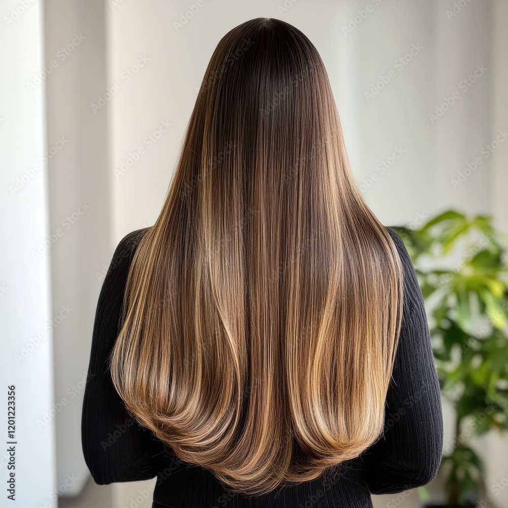 Naklejka premium Elegant woman with smooth, ombre hair in modern room