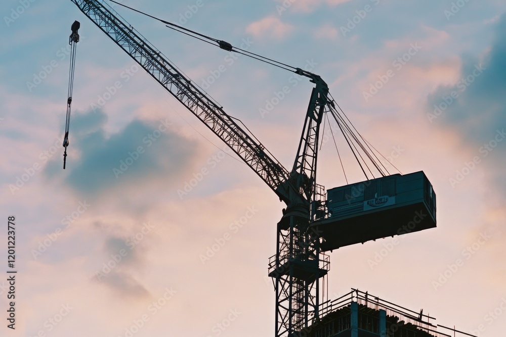 A crane sitting atop a city building, providing a unique perspective A crane sitting atop a city building, providing a unique perspective