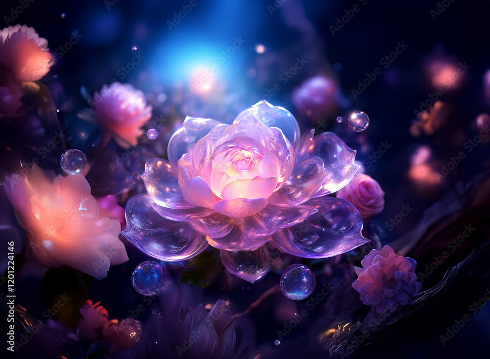 Luminous rose, translucent petals glowing against a dark, mystical background.  Surrounded by smaller blossoms and floating bubbles, it evokes a sense of magic and wonder.
