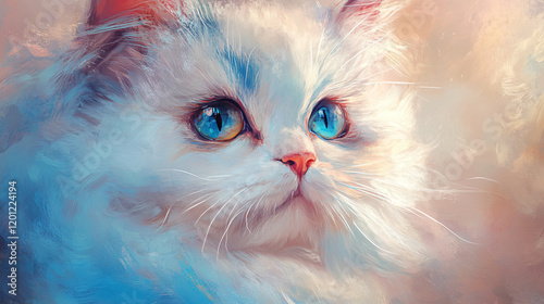 a painting of a white cat with blue eyes