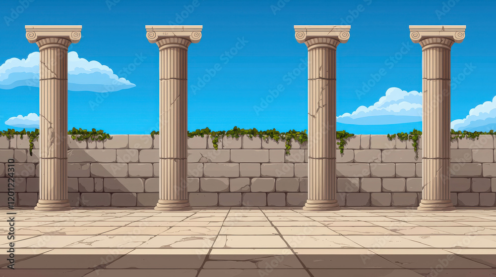 Fototapeta premium Ancient Greek Temple Courtyard with Iconic Columns and Blue Sky Background