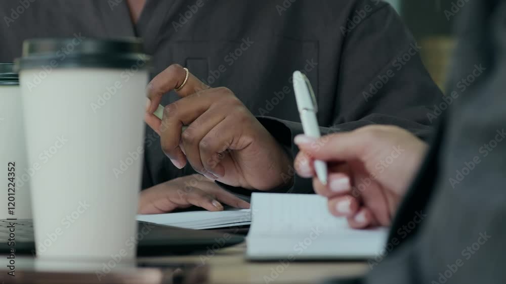 Close-up shot of unrecognizable colleagues holding pens, sitting at table with open laptop in cafe during coffee break Close-up shot of unrecognizable colleagues holding pens, sitting at table with open laptop in cafe during coffee break
