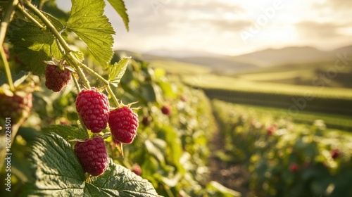 Wallpaper Mural Ripe raspberries on the vine in a field with a beautiful landscape background at sunset Torontodigital.ca