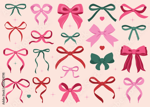Simple hand drawn pink ribbon bow collection. Bowknot for decoration, big set of bowtie. Large retro ribbon illustration set. Set of various cartoon bow knots, gift ribbons. Valentines day, love sign