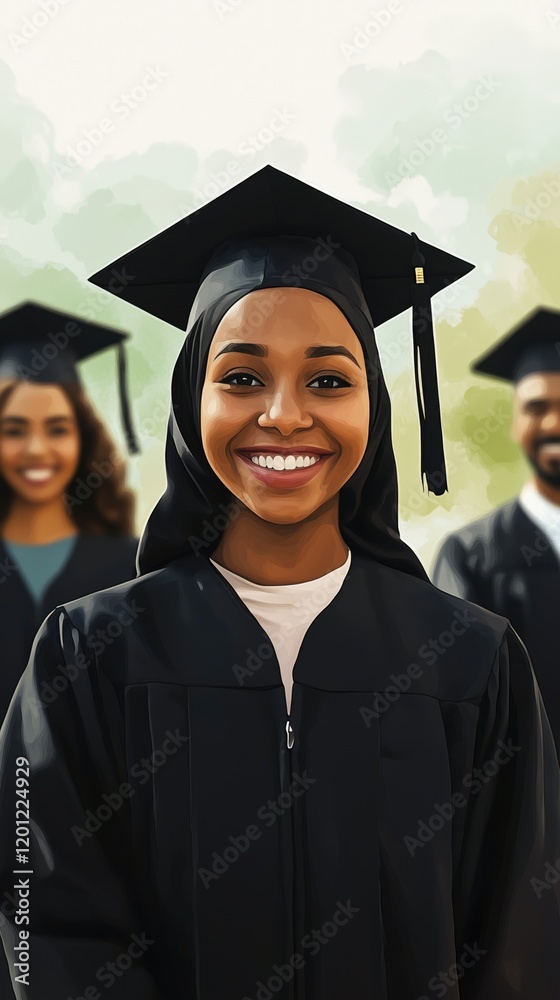 Graduation celebration featuring smiling female graduate in cap and gown, joyful atmosphere with diverse classmates in background Graduation celebration featuring smiling female graduate in cap and gown, joyful atmosphere with diverse classmates in background