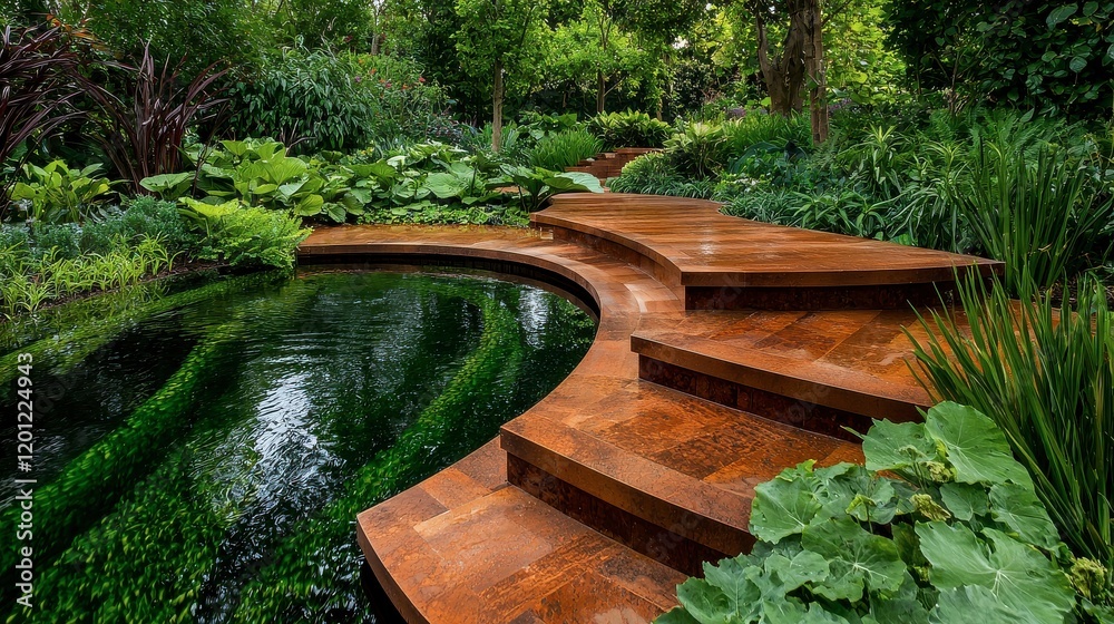 Serene Garden Pathway with Curved Wooden Walkway and Lush Foliage Serene Garden Pathway with Curved Wooden Walkway and Lush Foliage