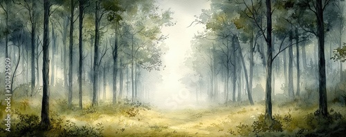 Wallpaper Mural Misty watercolor concept. A serene forest scene enveloped in mist, showcasing lush trees and a tranquil pathway. Torontodigital.ca