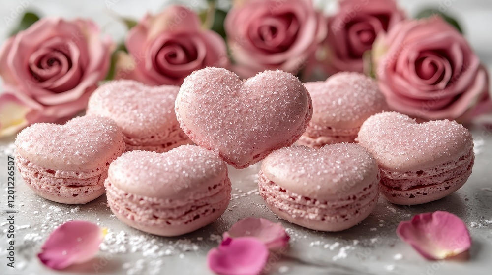 Pink heart-shaped macarons with sugar crystals, surrounded by pink roses and petals on a marble surface. Pink heart-shaped macarons with sugar crystals, surrounded by pink roses and petals on a marble surface.
