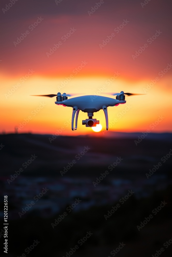 Drone flying against vibrant sunset sky, capturing stunning aerial views, showcasing technology and nature's beauty Drone flying against vibrant sunset sky, capturing stunning aerial views, showcasing technology and nature's beauty