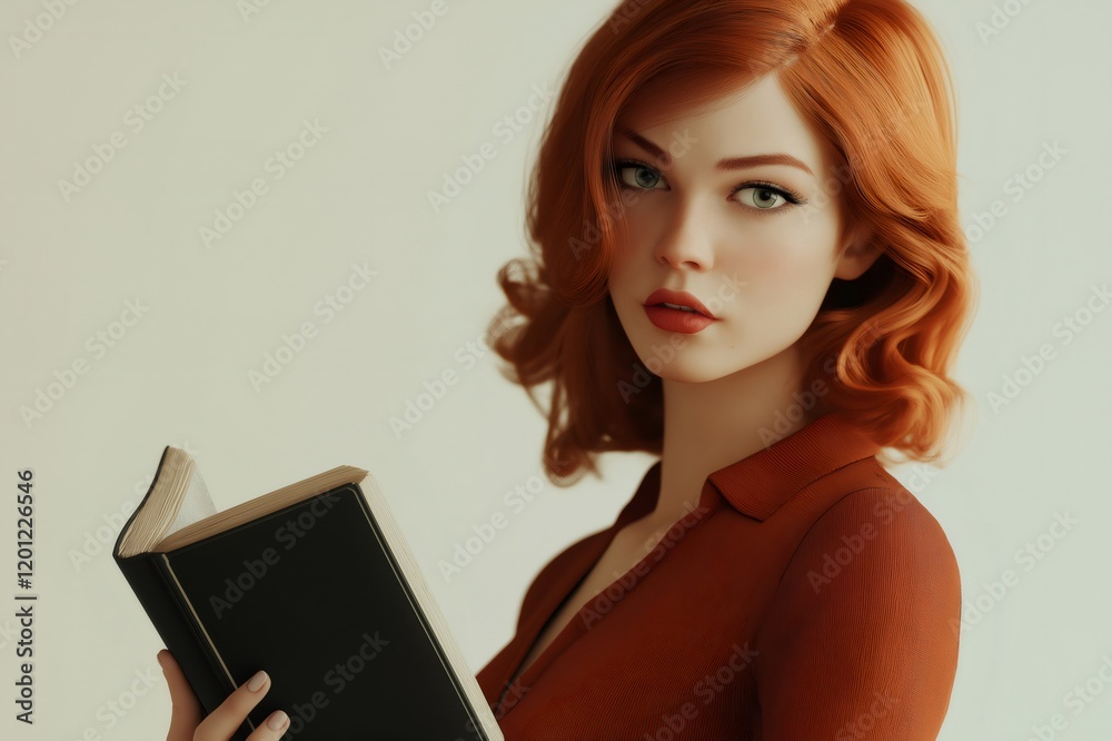 3D of a stylish redhead woman holding a book, embodying education, knowledge, and academic pursuits 3D of a stylish redhead woman holding a book, embodying education, knowledge, and academic pursuits